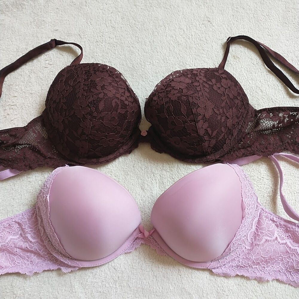 Victoria's Secret Dream Angels Push Up Bra 32D Brown Pink Lace Lot Of 2